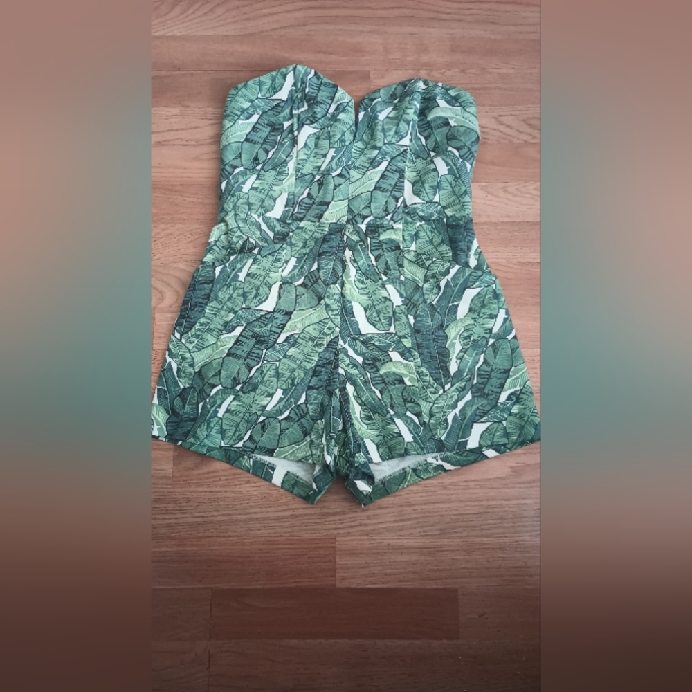 H&M Green Leaf-Print Strapless Shorts Romper